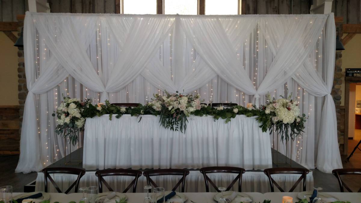 Sheer White Backdrop 14'T With Sheer White Front Layer 14'T Crisscrossed With Mini Lights